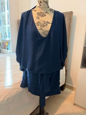 Diane Von Furstenberg Navy Blue Silk V-Neck Blouson Dress